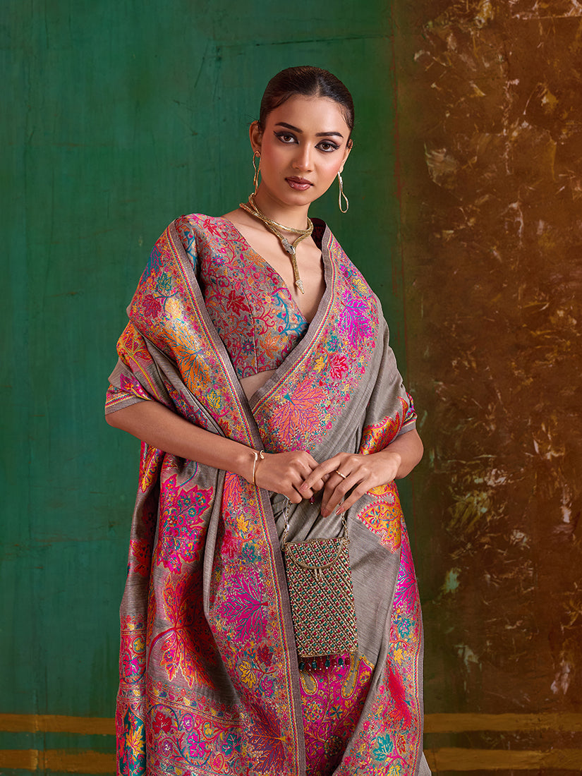 Monjolika Fashion Grey Cotton Blend Weaving Contemporary Saree