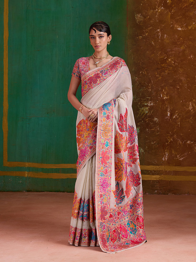 Monjolika Fashion Cream Cotton Blend Weaving Contemporary Saree