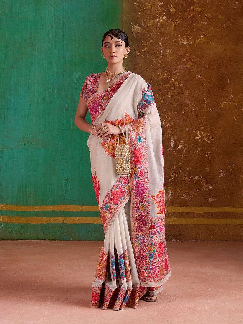 Monjolika Fashion Cream Cotton Blend Weaving Contemporary Saree
