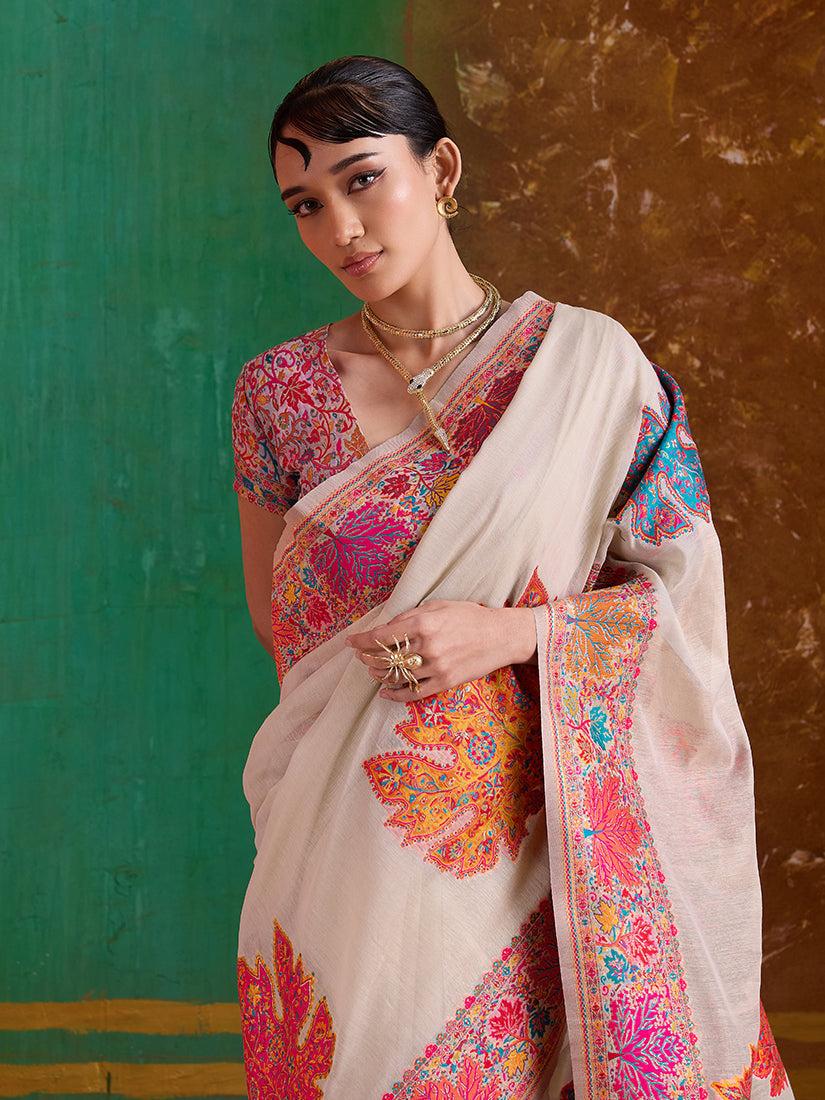Monjolika Fashion Cream Cotton Blend Weaving Contemporary Saree