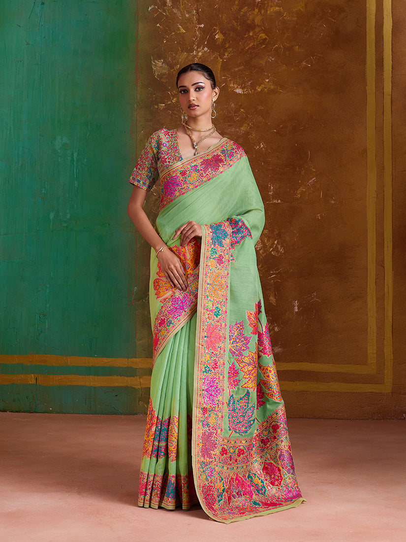 Elegant light green cotton blend saree with contemporary weaving