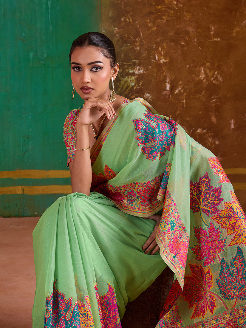 Light Green Cotton Blend Weaving Contemporary Saree
