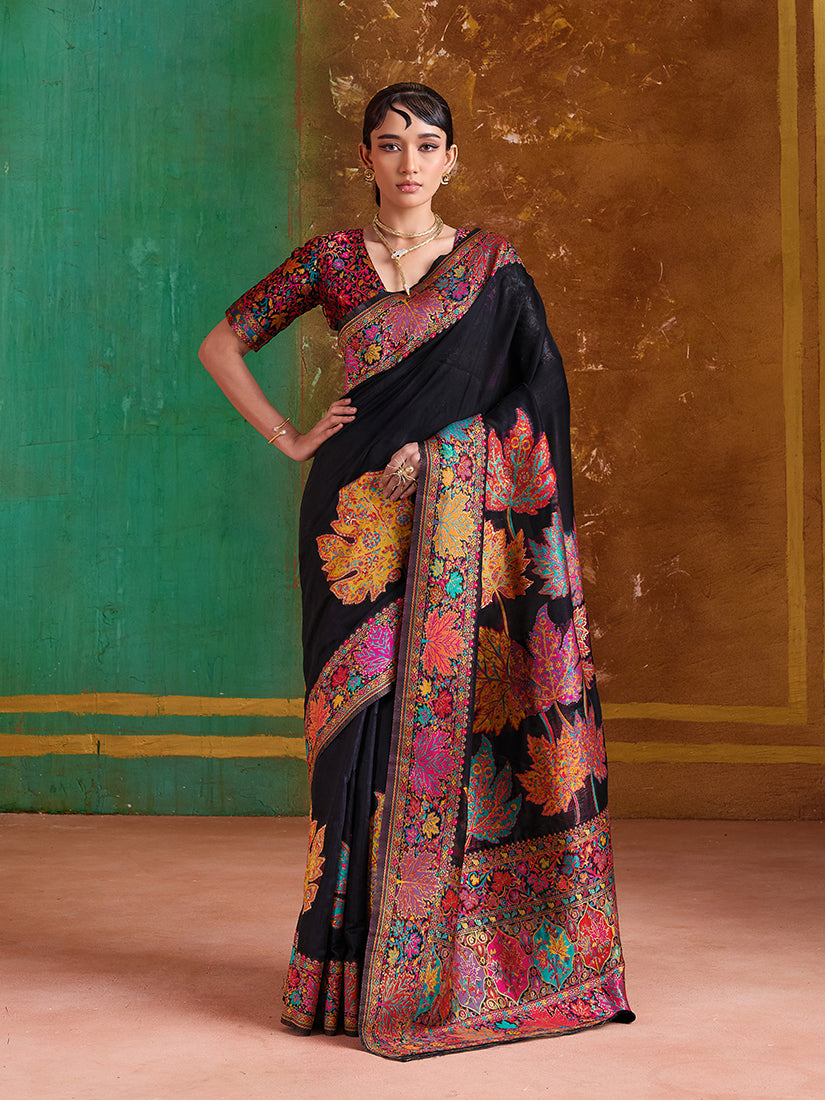 Contemporary black cotton blend saree with detailed weaving patterns