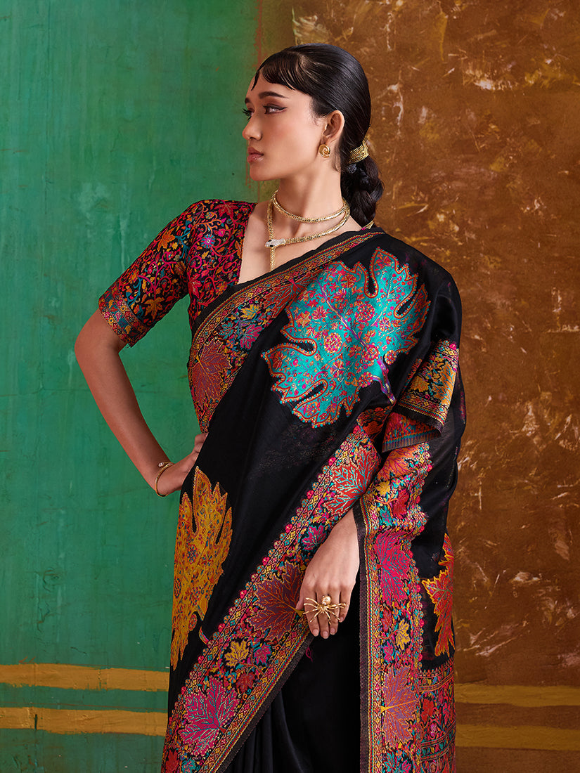 Black Cotton Blend Weaving Contemporary Saree