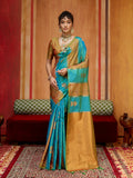 Multi-colored handloom silk blend saree with intricate traditional weaving patterns