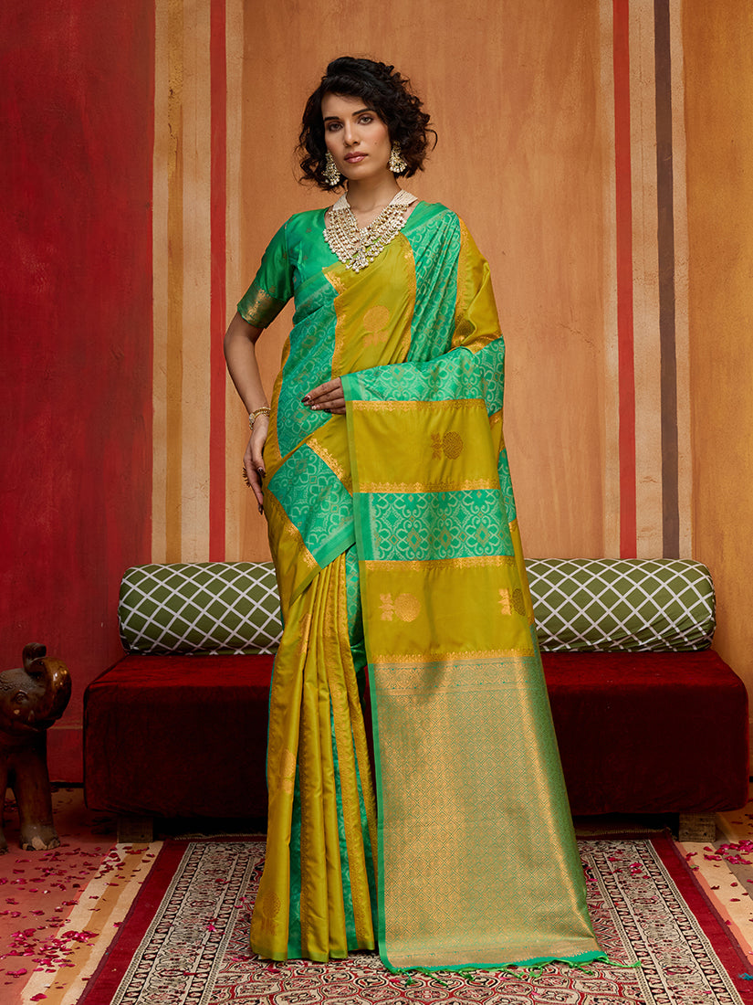 Multi-colour handloom silk blend saree with intricate ethnic weaving patterns