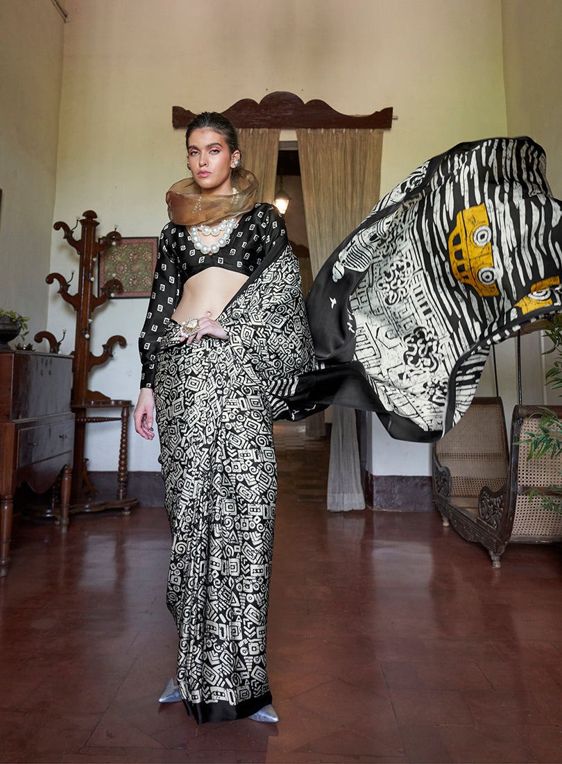 Black Satin Printed Saree for Casual Occasions