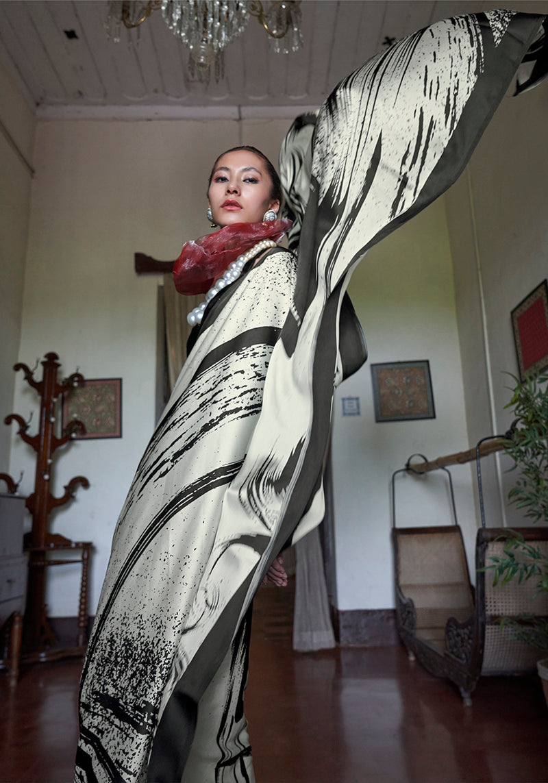 Black and White Satin Printed Casual Saree