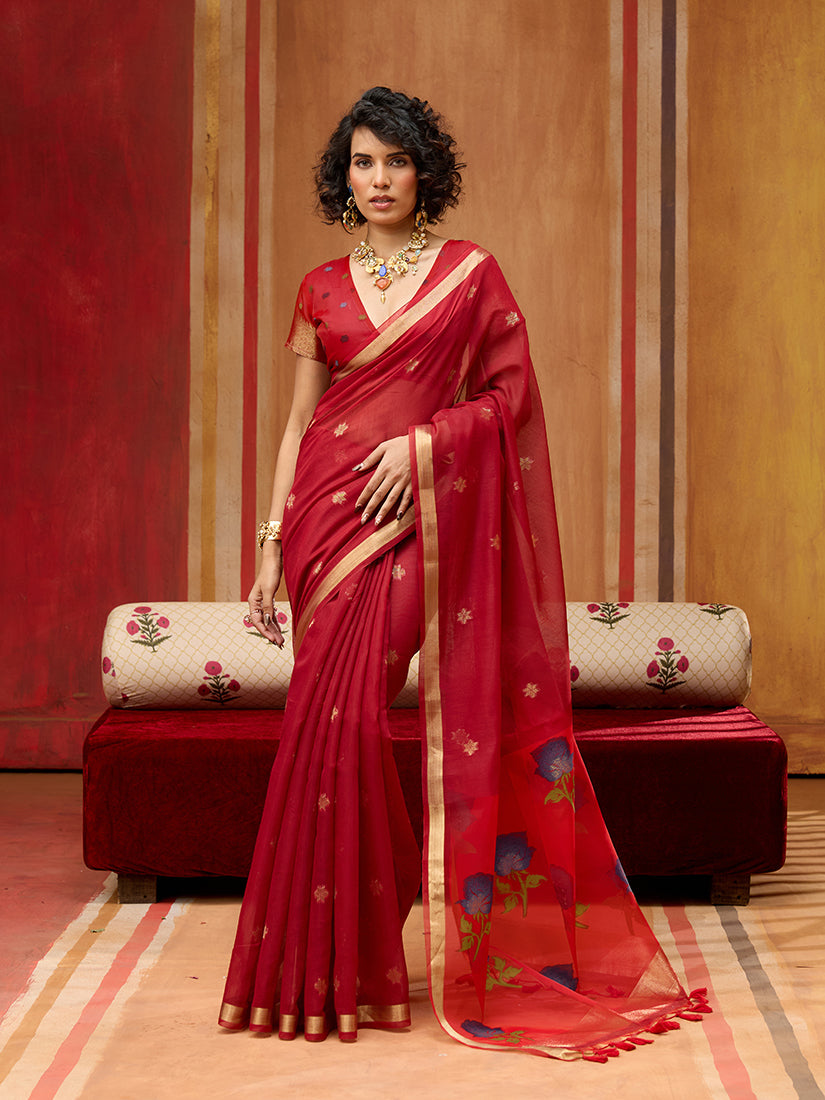 Elegant red handloom cotton blend saree with classic weaving detail