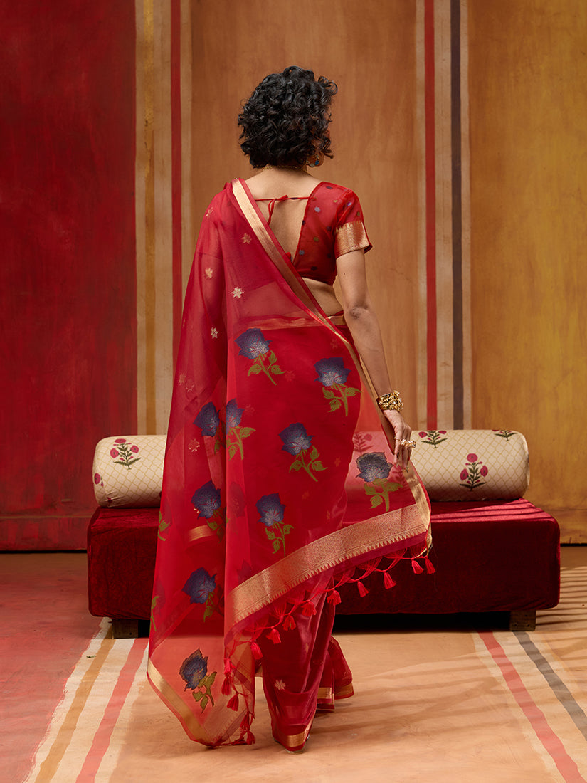Red Handloom Cotton Blend Classic Saree with Intricate Weaving