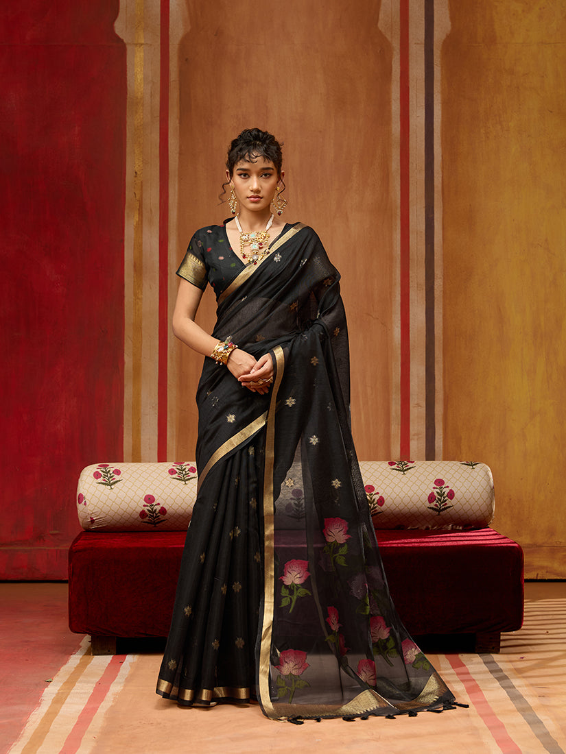 Monjolika Fashion Black Handloom Cotton Blend Weaving Classic Saree