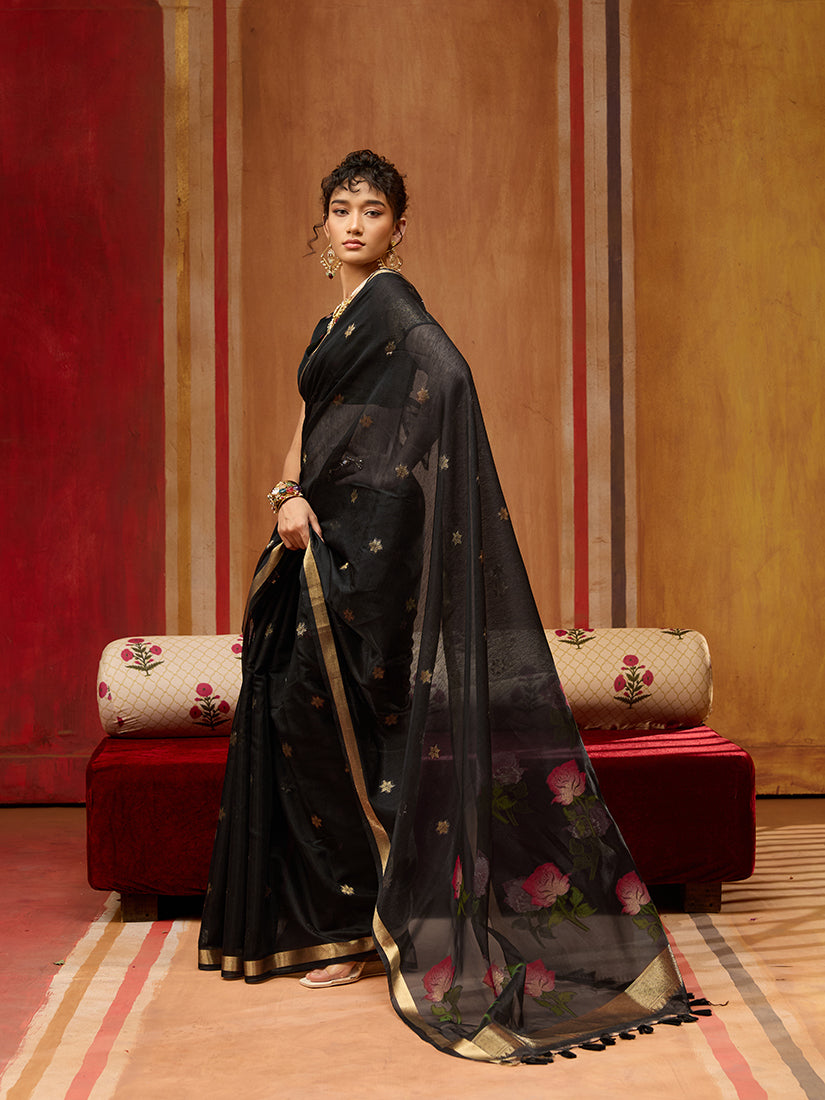 Monjolika Fashion Black Handloom Cotton Blend Weaving Classic Saree