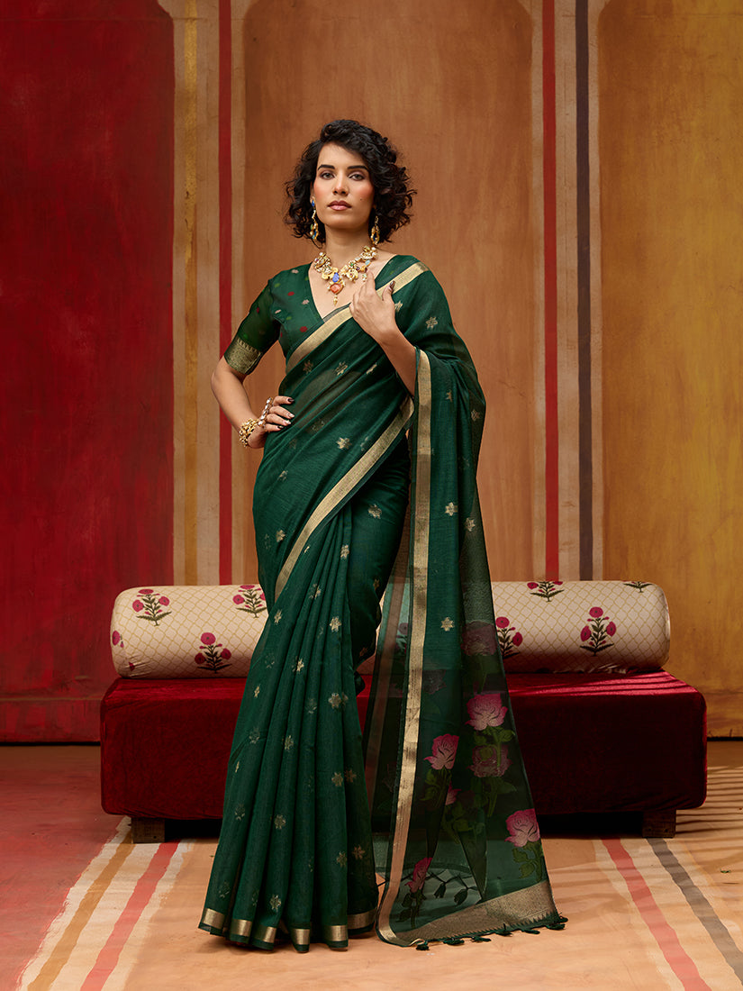 Dark green handloom cotton blend classic saree with detailed weaving
