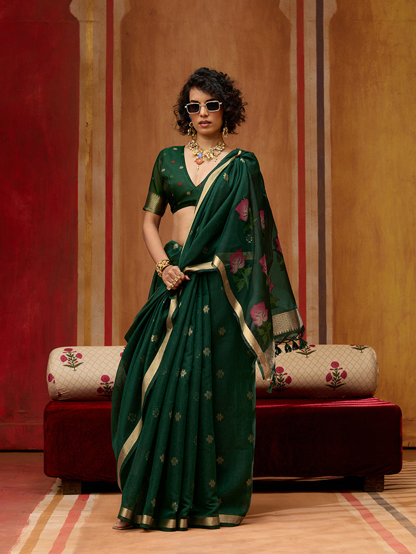 Dark Green Handloom Cotton Blend Classic Weaving Saree