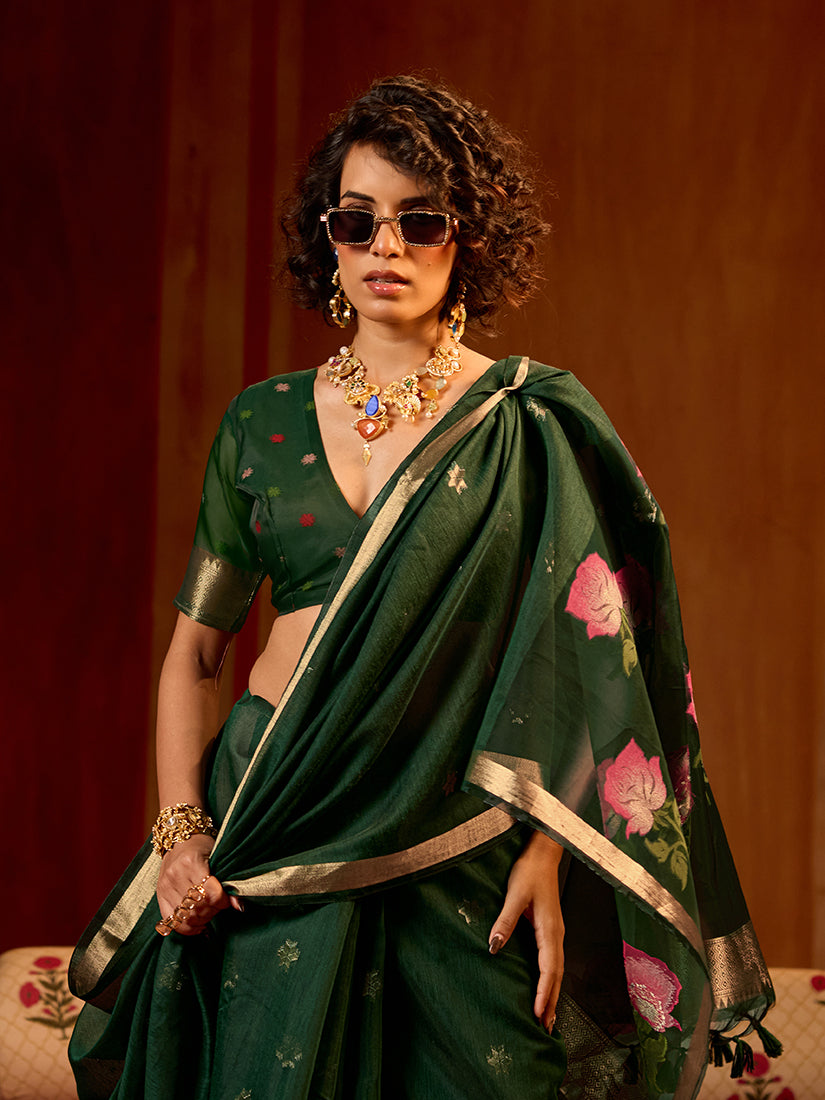 Dark Green Handloom Cotton Blend Classic Weaving Saree
