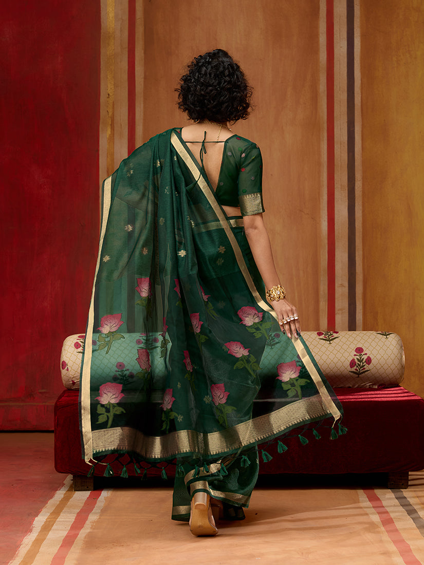 Dark Green Handloom Cotton Blend Classic Weaving Saree