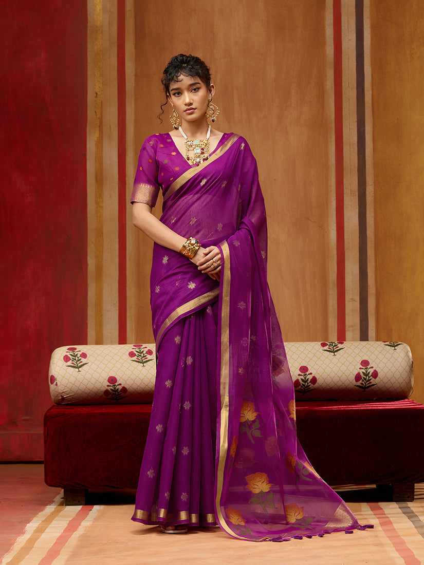 Monjolika Fashion purple handloom cotton blend saree with intricate weaving patterns and matching blouse