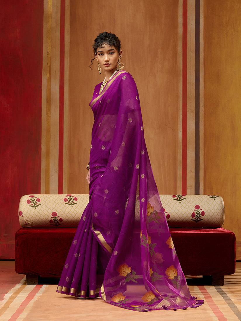 Purple Handloom Cotton Blend Classic Saree with Weaving Work