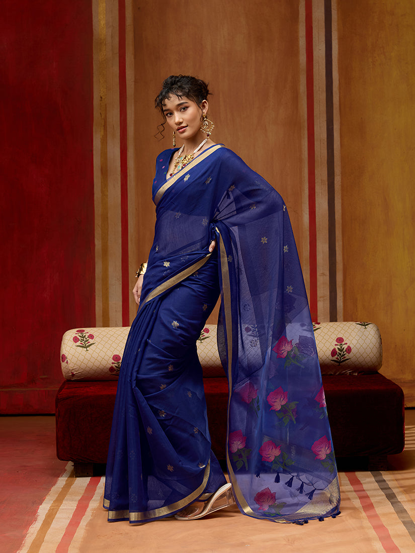 Monjolika Fashion Navy Blue Handloom Cotton Blend Weaving Classic Saree