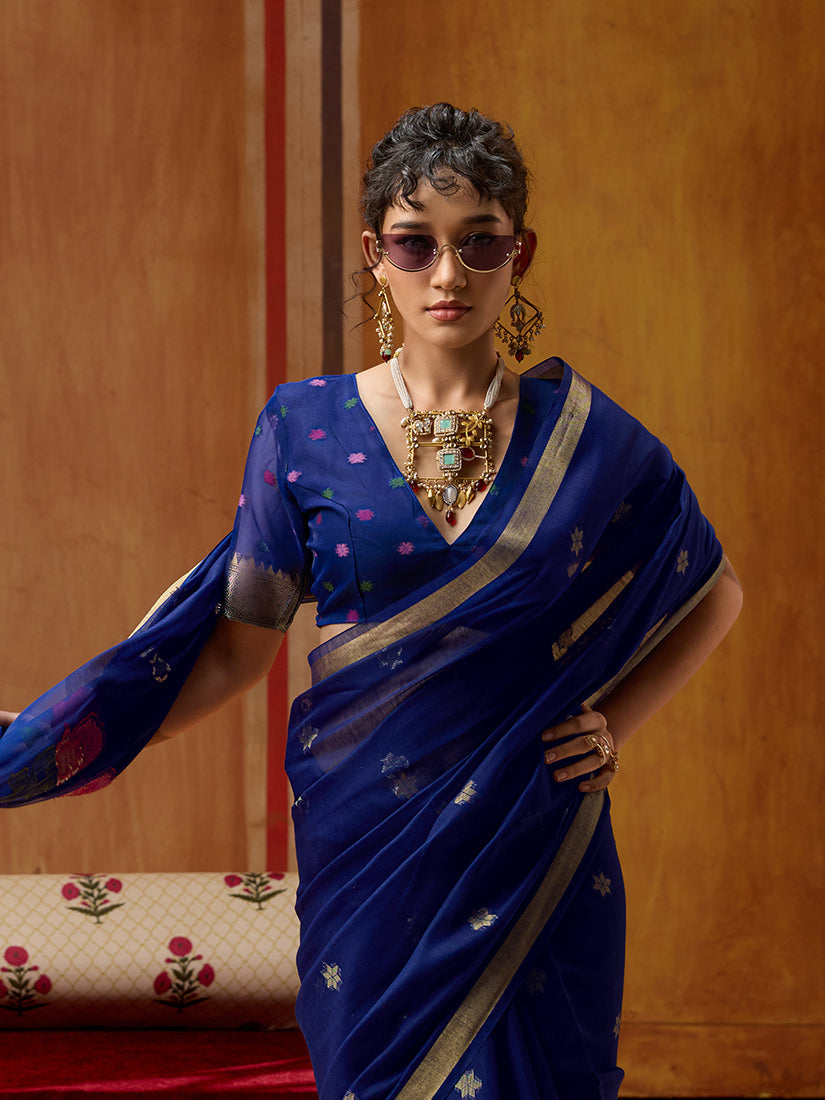 Monjolika Fashion Navy Blue Handloom Cotton Blend Weaving Classic Saree