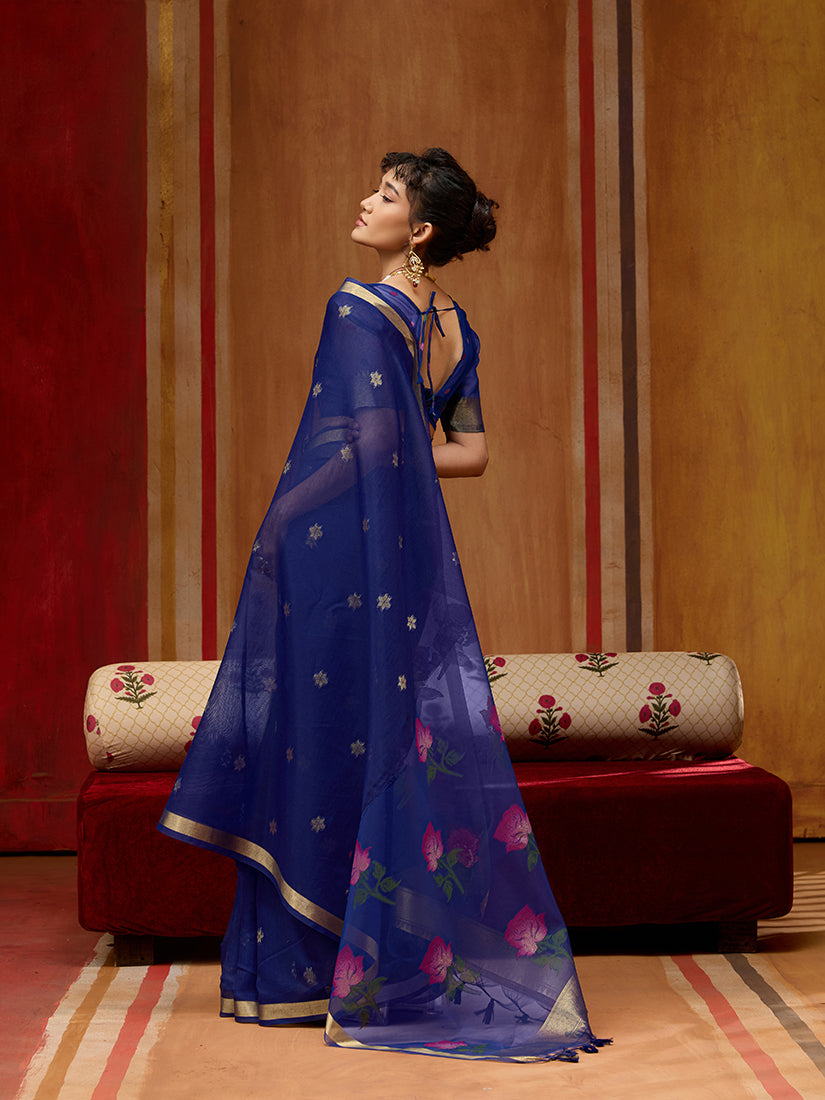 Monjolika Fashion Navy Blue Handloom Cotton Blend Weaving Classic Saree