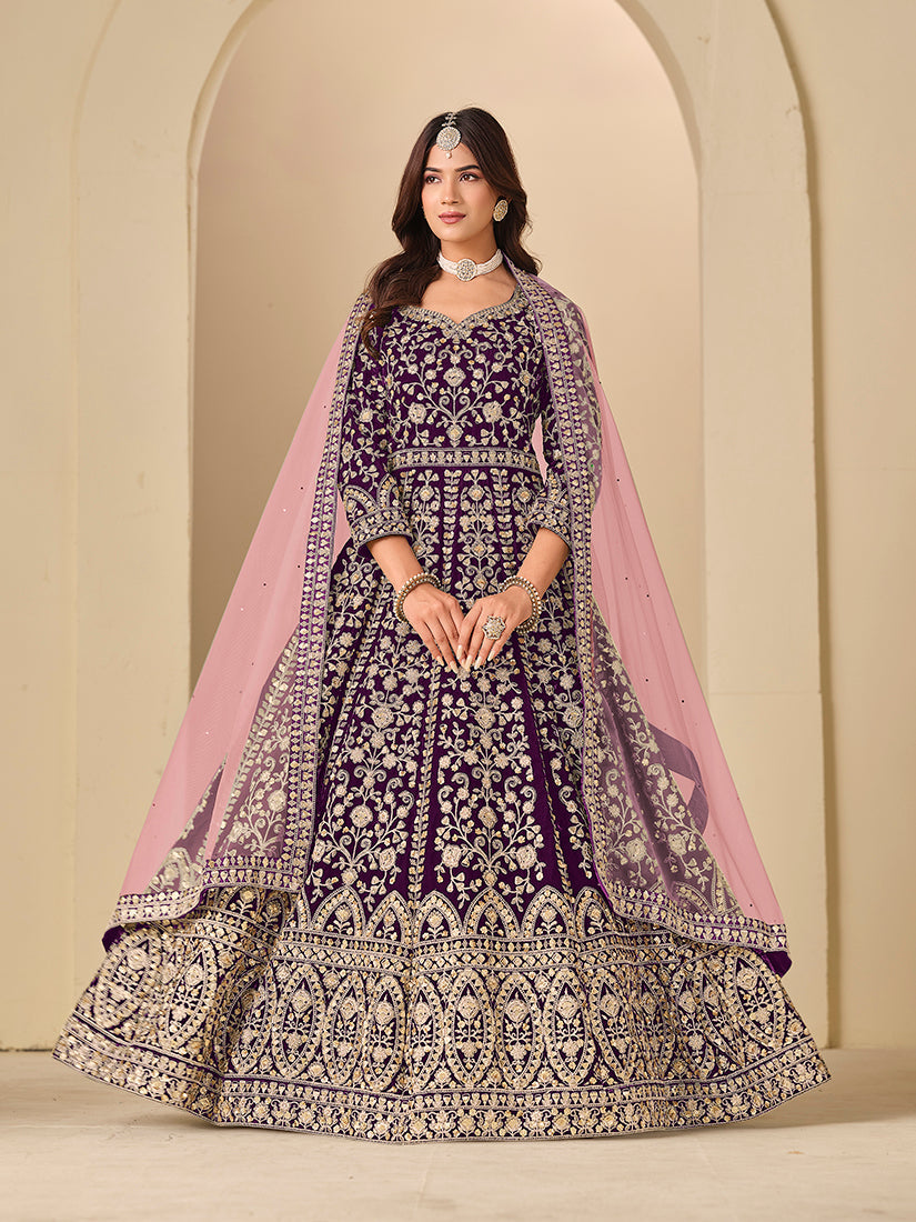 Monjolika Fashion Purple velvet Anarkali suit with intricate embroidery and matching dupatta