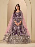 Monjolika Fashion Purple velvet Anarkali suit with intricate embroidery and matching dupatta