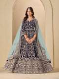 Navy Blue velvet Anarkali suit with detailed embroidery for engagement events
