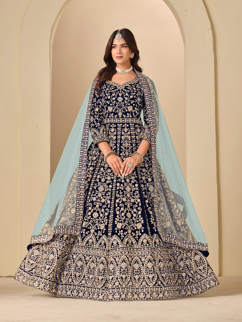 Navy Blue velvet Anarkali suit with detailed embroidery for engagement events