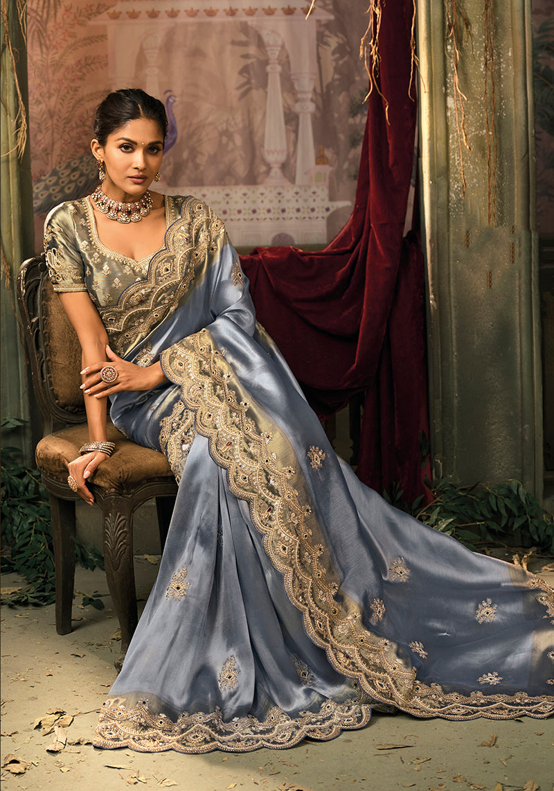 Monjolika Fashion Slate Grey Silk Blend Saree With Embroidered Jari And Cut-Dana Work