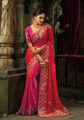 Monjolika Fashion Rani Pink & Red Silk Blend Saree With Embroidered Jari And Cut-Dana Work