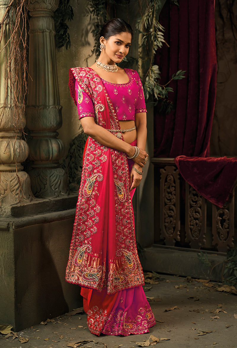 Monjolika Fashion Rani Pink & Red Silk Blend Saree With Embroidered Jari And Cut-Dana Work