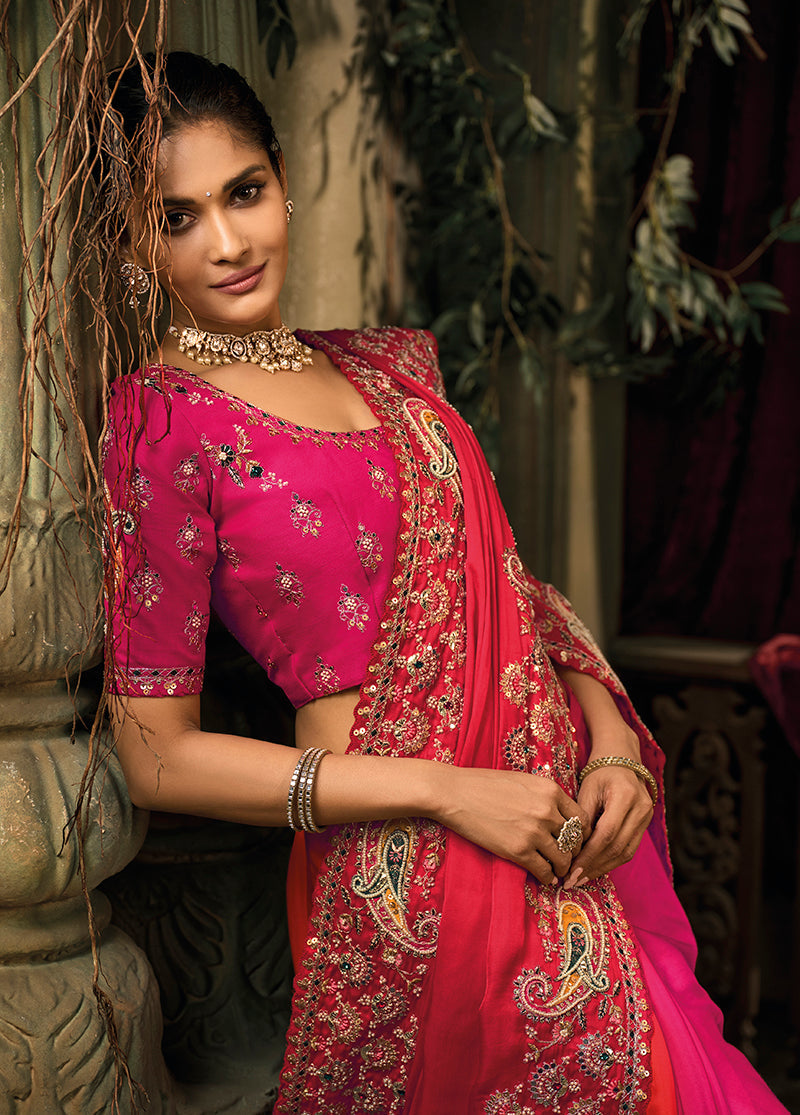 Monjolika Fashion Rani Pink & Red Silk Blend Saree With Embroidered Jari And Cut-Dana Work