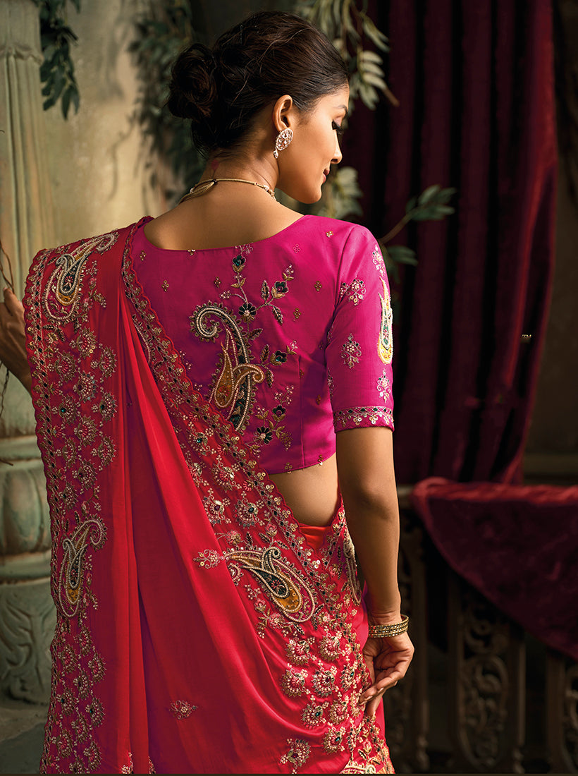Monjolika Fashion Rani Pink & Red Silk Blend Saree With Embroidered Jari And Cut-Dana Work
