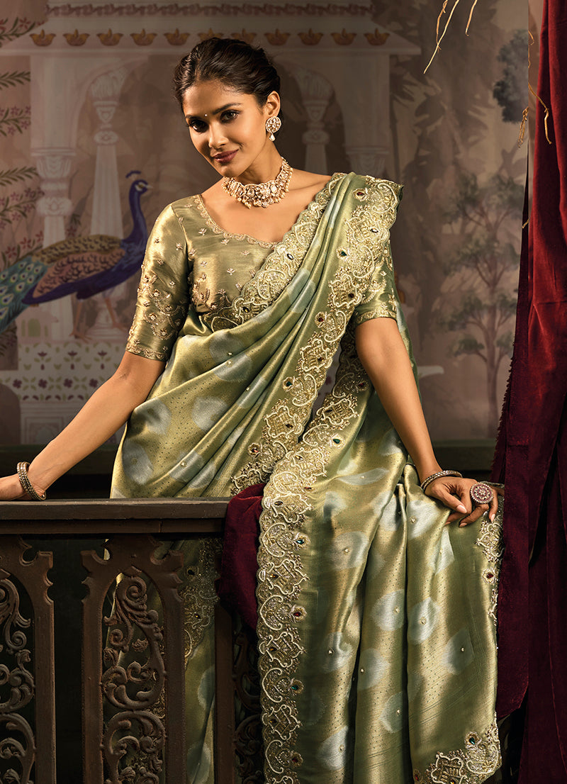 Olive Green Silk Blend Saree with Jari and Cut-Dana Embroidery