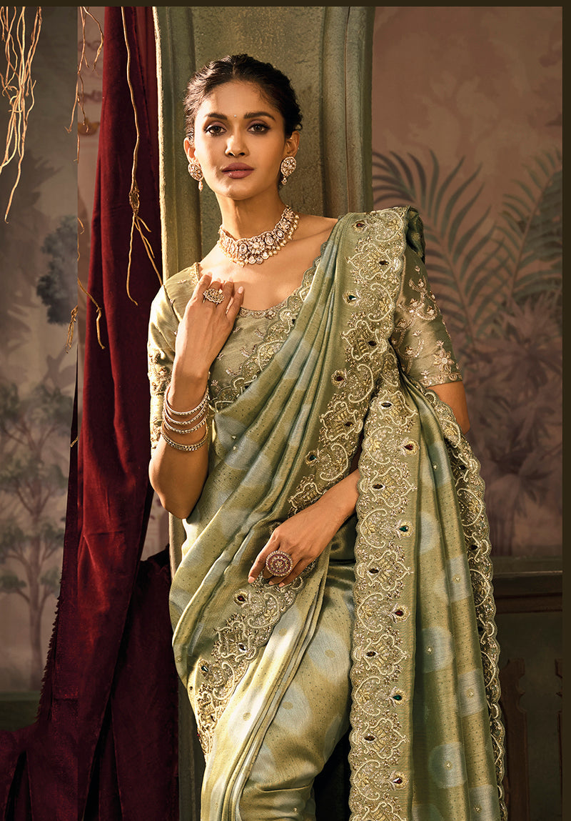 Olive Green Silk Blend Saree with Jari and Cut-Dana Embroidery