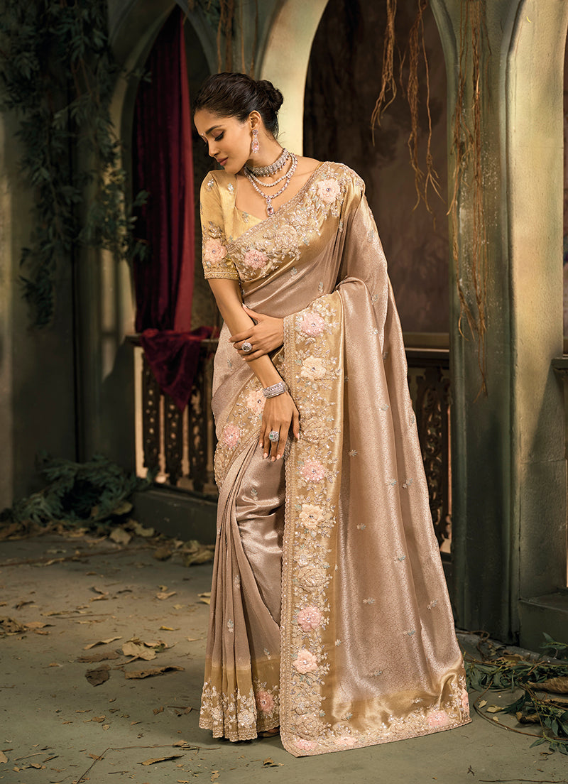 Monjolika Fashion Chiku Silk Blend Saree With Embroidered Jari And Cut-Dana Work