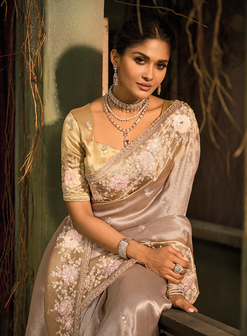 Monjolika Fashion Chiku Silk Blend Saree With Embroidered Jari And Cut-Dana Work