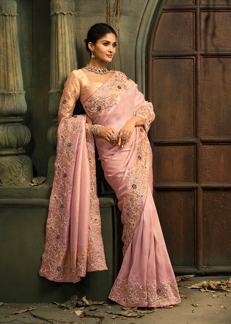 Pink Silk Blend Saree With Embroidered Jari and Cut-Dana