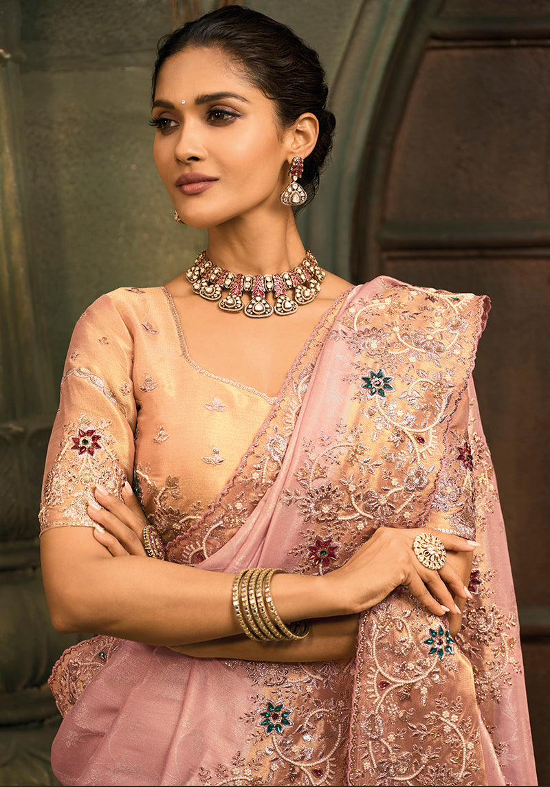 Pink Silk Blend Saree With Embroidered Jari and Cut-Dana
