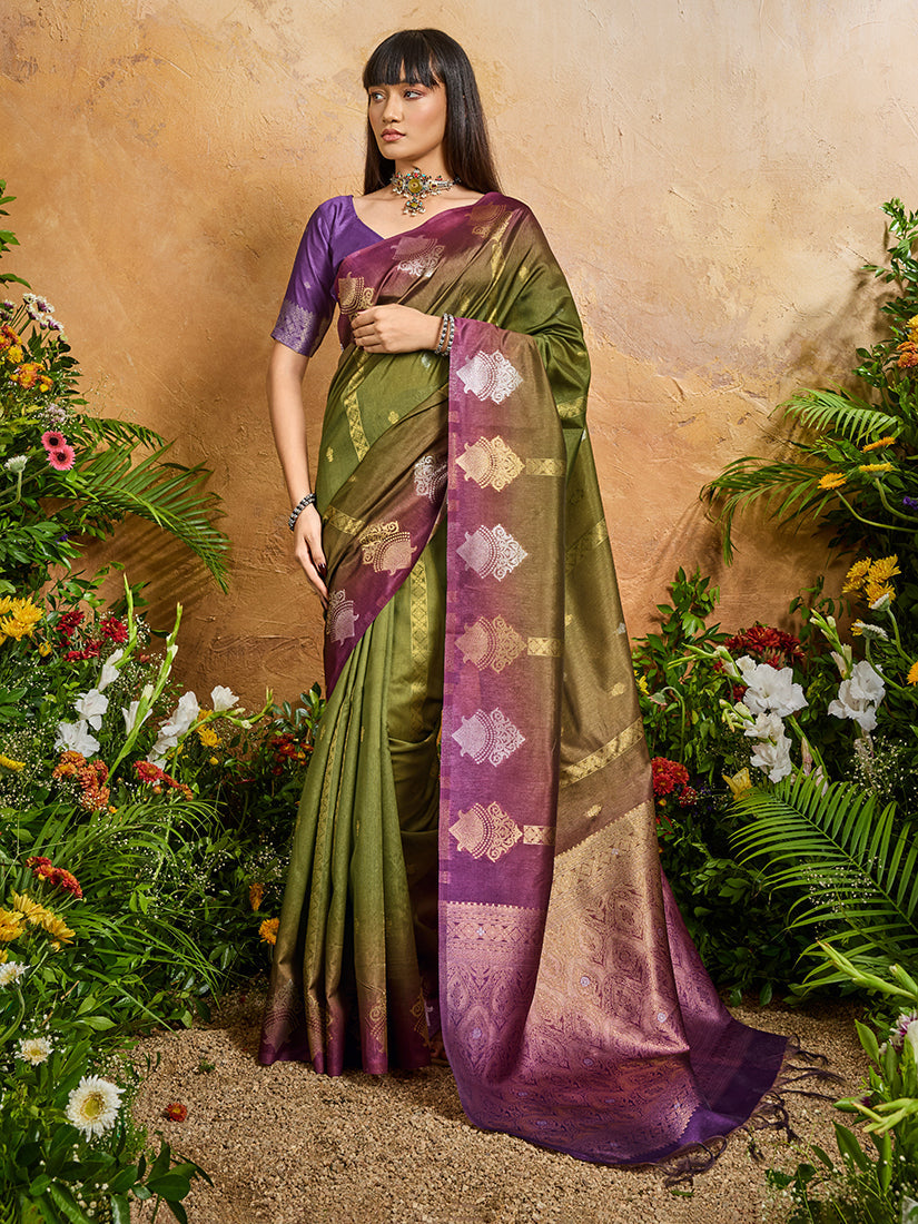 Olive Green Handloom Silk Blend Contemporary Saree with Weaving