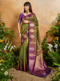 Olive Green Handloom Silk Blend Contemporary Saree with Weaving