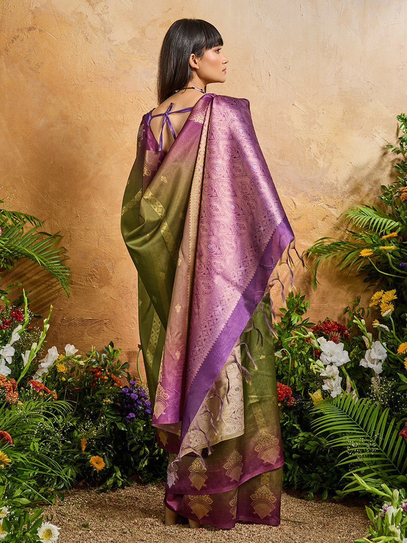 Olive Green Handloom Silk Blend Contemporary Saree with Weaving