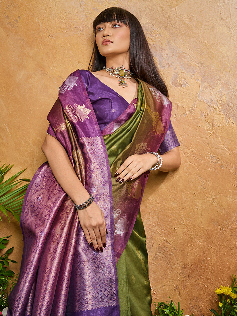 Olive Green Handloom Silk Blend Contemporary Saree with Weaving