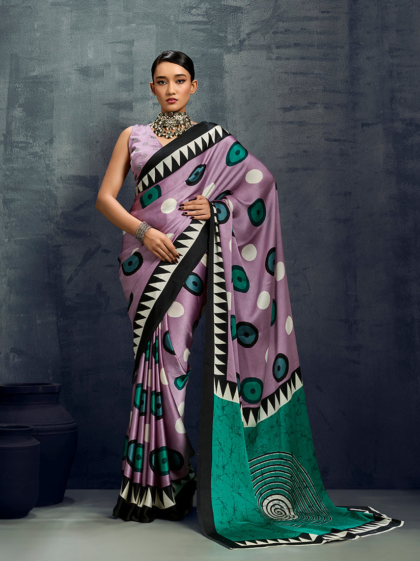 Lilac satin printed saree with a smooth, shimmering finish