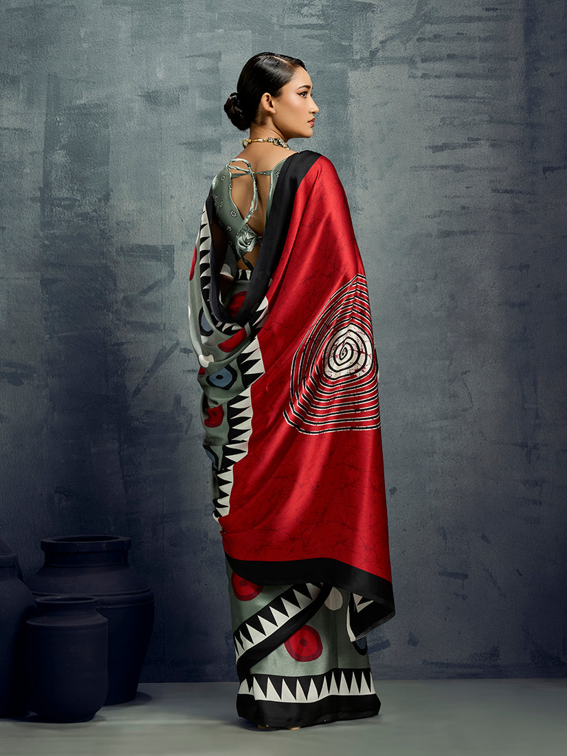 Grey Satin Saree with Elegant Prints for Casual Occasions