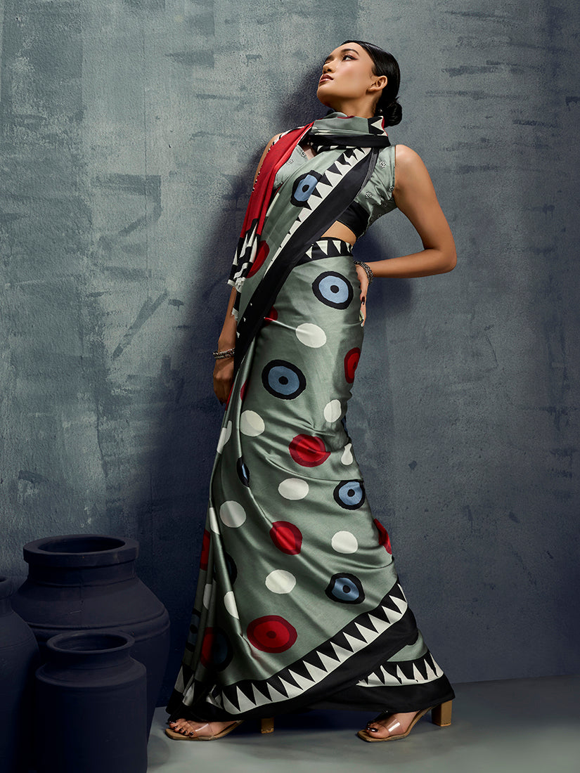 Grey Satin Saree with Elegant Prints for Casual Occasions