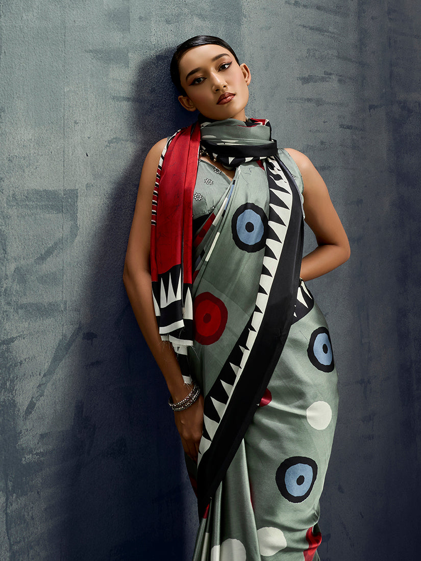 Grey Satin Saree with Elegant Prints for Casual Occasions