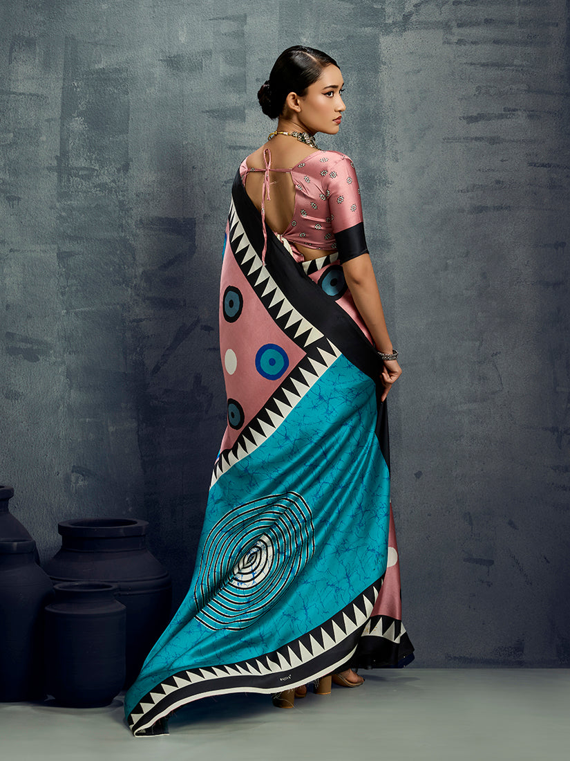 Light Pink Satin Printed Casual Saree with Matching Blouse