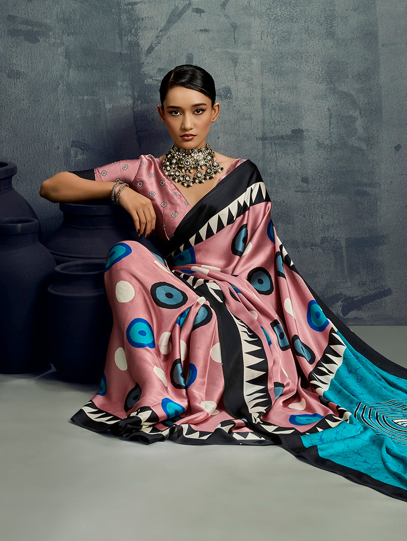 Light Pink Satin Printed Casual Saree with Matching Blouse